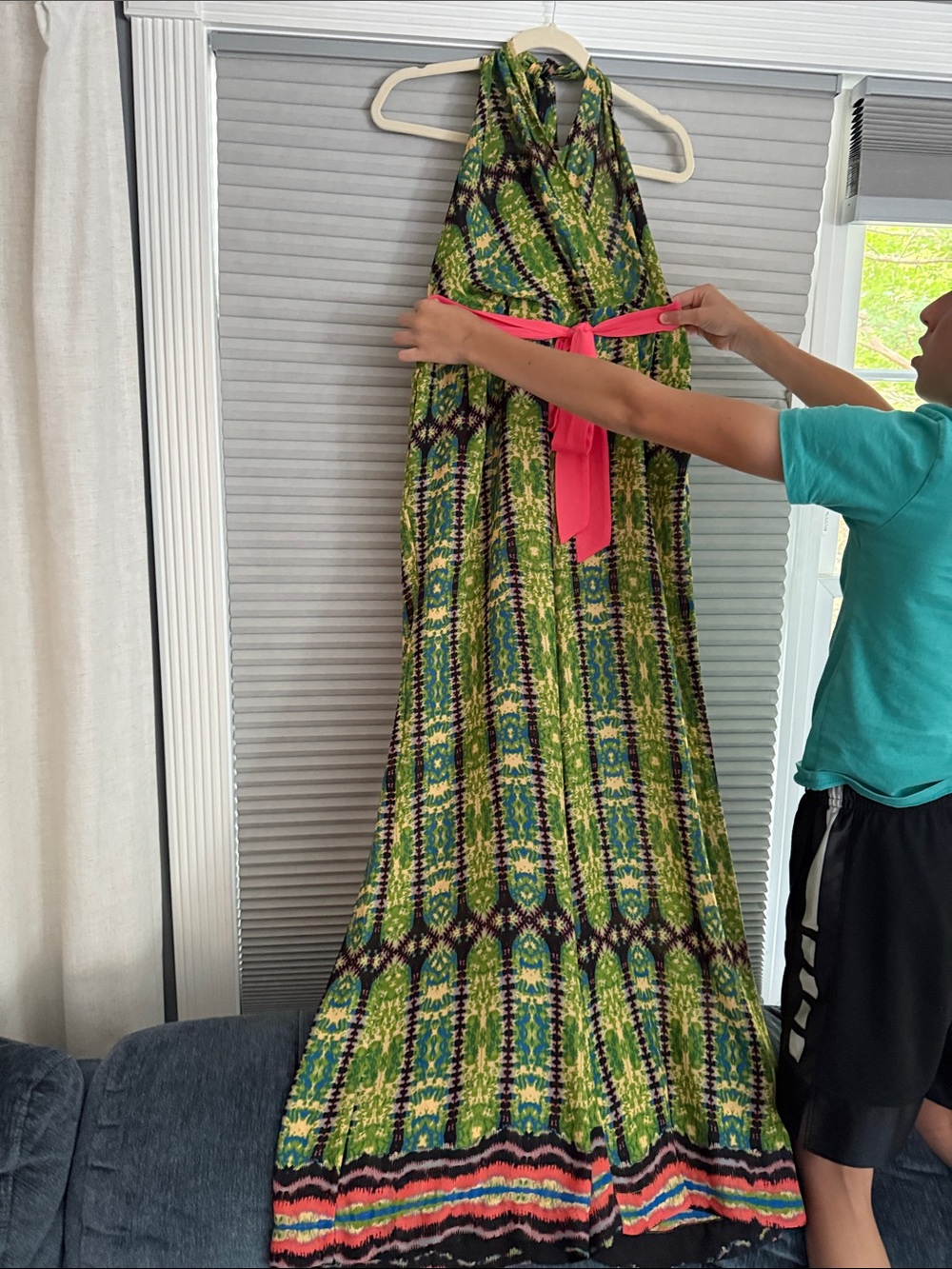 New Meghan Los  Angeles Green Patterned Halter Maxi Jumpsuit with Pink Sash